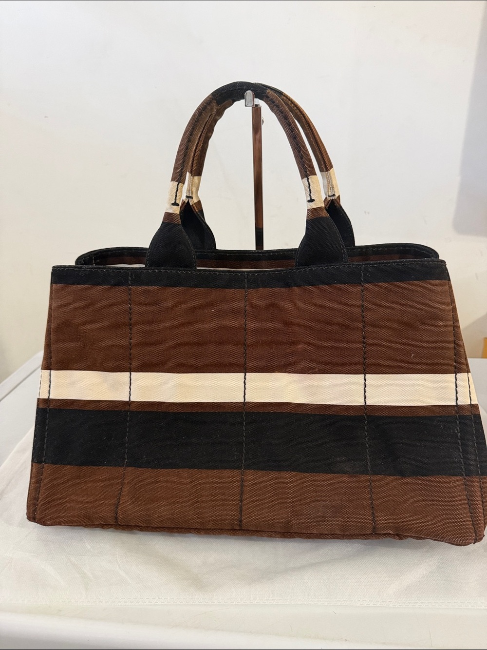 Prada Canapa Brown Stripe Canvas Tote Bag with Cream Accent